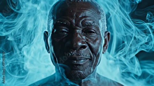 Mysterious Blue Smoke Engulfs an Older Mans Face in a Dramatic Close-Up.