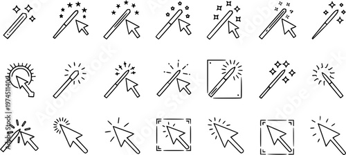Set of magic wand and cursor icons, black and white line art, vector graphics, technology and design tools