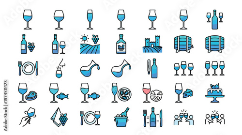 Wine tasting and production icon set in modern linear style. A collection of wine linear icons, including vineyard, barrel, bottle, grapes, decanter, pairing, glass, cheers, champagne, and more.