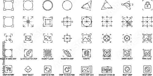 Hand-Drawn Line Art Icons Set for Photography and Graphic Design Software: Crop, Selection, and Image Editing Tools Collection in Black  White