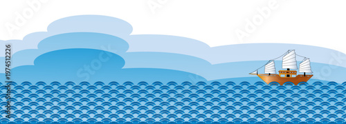 Antique Chinese ship on decorative blue sea waves. Perfect for travel banners, maritime designs, and cultural backgrounds.