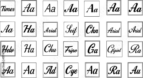 Black and White Typographic Illustration: Comprehensive Grid Displaying Various Font Samples, Typefaces, and Alphabet Letters for Graphic Design  Printing.