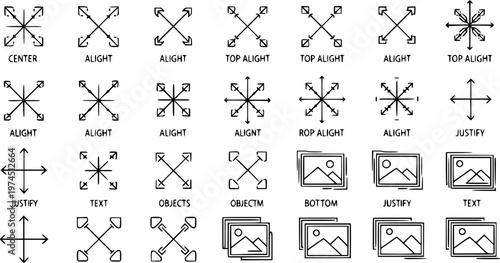UI UX Design Software Alignment Icons Set. Black  White Line Art Glyphs for Text, Objects, and Image Positioning Layout.