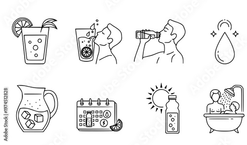 A collection of minimal vector icons illustrating various activities related to hydration, skincare, and wellness routines such as drinking water, washing face, and more