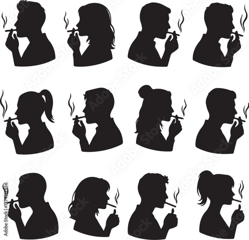 Silhouettes of Diverse People Smoking Cigarettes Vector Set