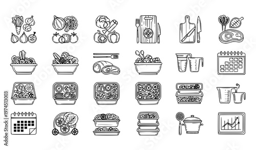 A set of black and white vector icons representing various food items, kitchen utensils, and meal planning elements