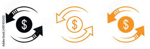 Money and finance icon with dollar symbol and circular arrows. Symbol of cash flow, financial circulation, transactions and revenue cycle. Ideal for banking, payments, investments, accounting systems