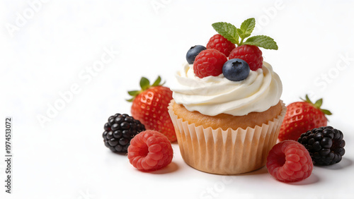 Cupcake with berries and cream