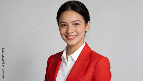 Smiling woman in red suit