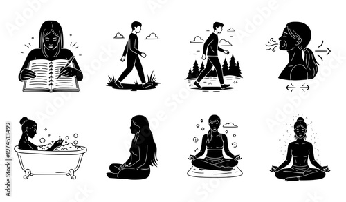 A vector graphic illustrating various self-care activities including reading, walking, hiking, stretching, bathing, sitting quietly, meditating, and yoga
