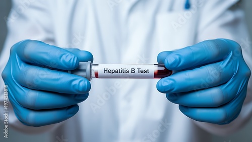 Gloved hands hold blood sample in test tube for Hepatitis B test