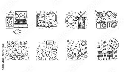A set of minimalist vector icons representing various activities such as graphic design, painting, photography, music, camping, and social interactions