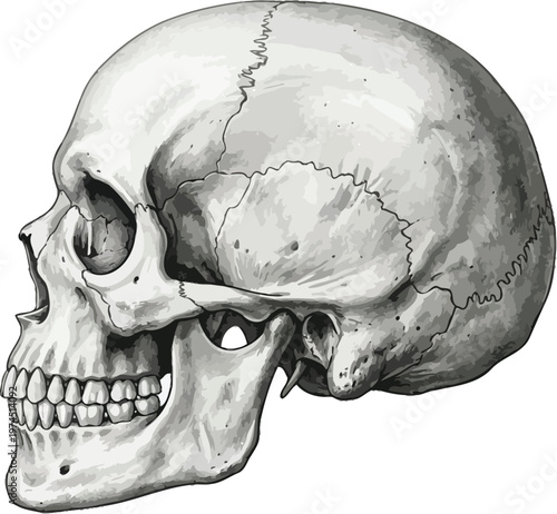 Human skull illustration in profile showcasing detailed bone structure design