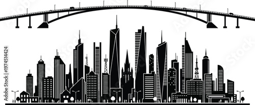 Modern cityscape with a bridge and skyscrapers in a vector graphic design