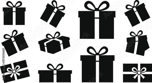 Black gift boxes with ribbons in various orientations and sizes vector graphic