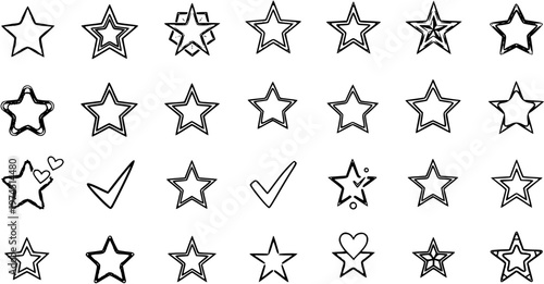Hand-drawn Doodle Star and Checkmark Icons Vector Set for UIUX Design, Ratings, Favorites. Black and White Outline Line Art Symbols Collection.
