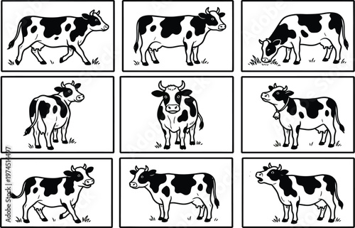 Black and white vector illustration of cows in various poses and movements in rectangular frames