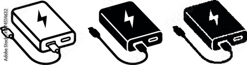 Three portable power bank icons in varying colors on transparent background