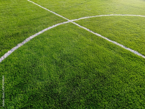 Fotografía White center lines in the field markings crossing on lush green soccer grass, creating a dynamic sports background for football, training, competition, and stadium themes