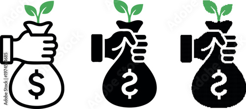 Hands holding money bag with plant sprout line and filled icons on transparent background