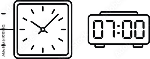 Vector graphic illustration of stopwatch, analog clock, and digital alarm clock showing 07:00
