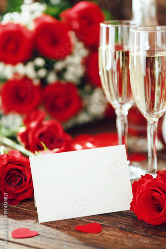 Romantic Celebration Scene with Red Roses, Champagne, and Blank Greeting Card Mockup