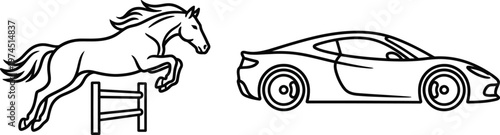 Vector graphic illustration of a car and a horse jumping over an obstacle