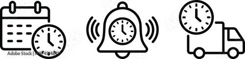 Vector graphic of three icons depicting a calendar with a clock a bell with a clock and a delivery truck with a clock emphasizing time management and punctuality in logistics and scheduling