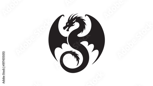 Black Dragon Silhouette Flying Isolated On White For Mythology Concepts