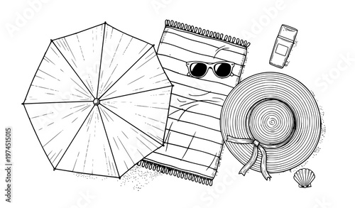 A flat black-and-white vector graphic showcasing a beach setup with a striped towel, sunglasses, sunscreen, sun hat, and seashell on a clean minimalist background