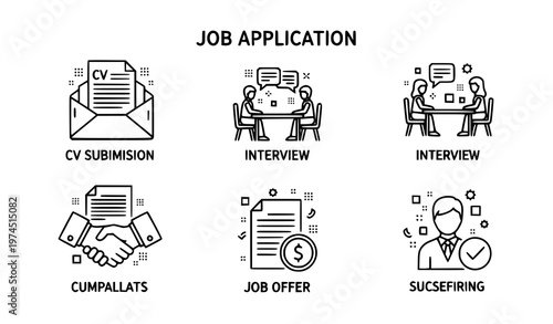A minimal flat design illustration depicting the stages of a job application process from CV submission to successful hiring
