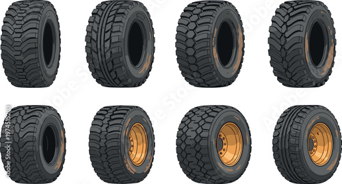 Off road tire collection with rugged tread wheels all terrain truck tires realistic vector illustration set
