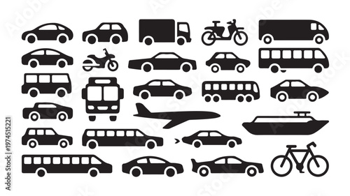 Various Transportation Modes Silhouettes On White Background For Travel Concepts