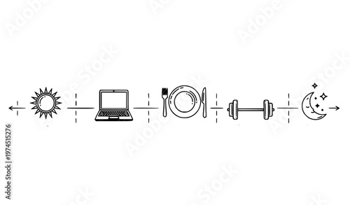 A minimalist vector illustration depicting a daily routine including sunrise, work on a laptop, eating a meal, exercise with a dumbbell, and sleep with a crescent moon.