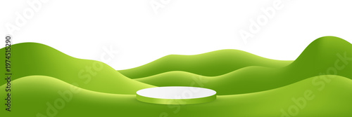 Green field landscape with display podium under bright sky, perfect for spring product presentation, natural outdoor background with rolling hills and grass.