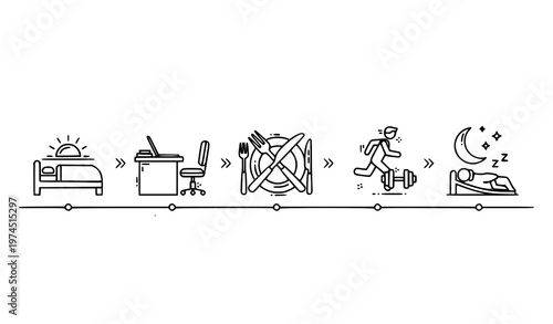 A minimalist vector illustration depicting a daily routine sequence including waking up, working at a desk, relaxing on a couch, exercising, and going to bed