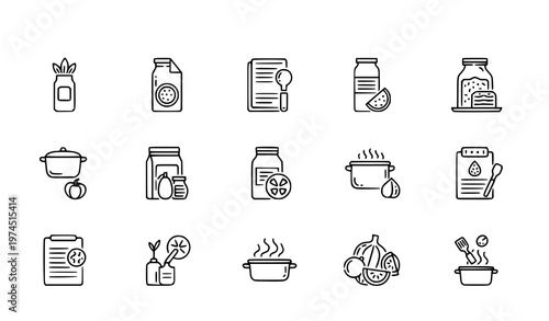 A collection of minimalist vector icons representing various kitchen and cooking-related items such as utensils pots recipes and ingredients