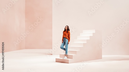 A woman ascends minimal arrow-shaped steps in a soft pastel environment. This ultra-realistic scene embodies clean success visualization and personal growth.