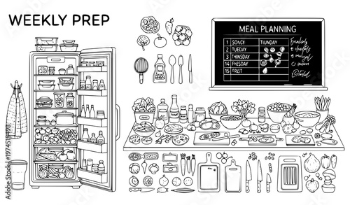 A detailed vector illustration of weekly meal prep including a full refrigerator, a meal planning board, and a table with various ingredients and kitchen utensils