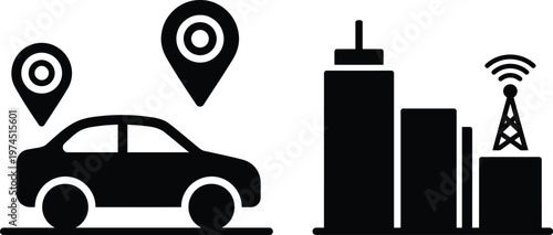 Vector graphic illustration of car with location pins and cellular towers for navigation and connectivity