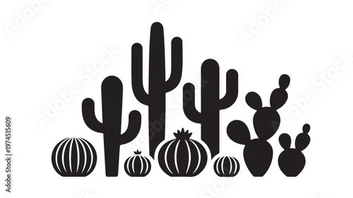 Black silhouettes of various cacti and succulents on white background for desert plant concepts