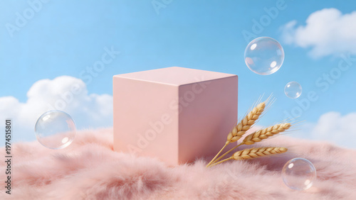 Pink cube with wheat and bubbles