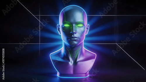 Cybernetic bust with glowing eyes