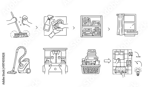 A series of minimalist vector icons illustrating the steps of cleaning and organizing a home or office space