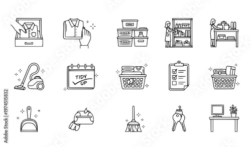 A set of minimalist vector icons illustrating various cleaning and organizational tasks such as vacuuming, dusting, laundry, and sorting items in a tidy and efficient manner.