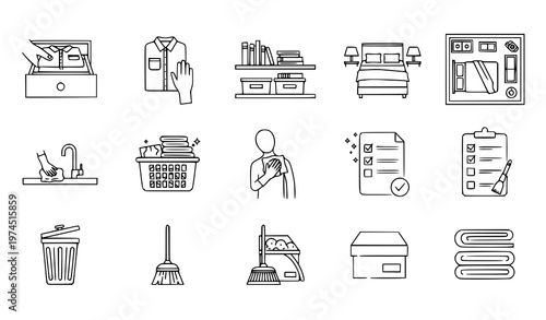A collection of minimalist vector icons depicting household chores such as cleaning, organizing, and tidying up
