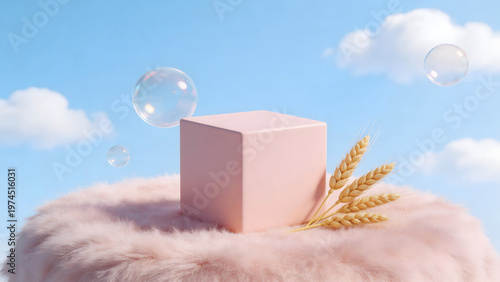 Pink cube with wheat and bubbles