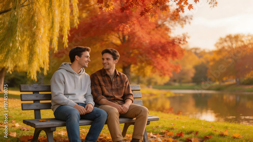 Two men sitting on bench in autumn park