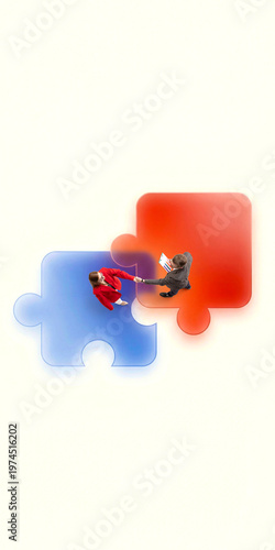 Business people shaking hands across puzzle pieces from top view. Concept of business partnership agreement, cross team collaboration, deal closing moment, trust building interaction.