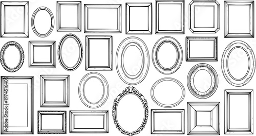 Black and White Hand-Drawn Collection of Vintage and Antique Picture Frames for Art, Design, and Home Decor